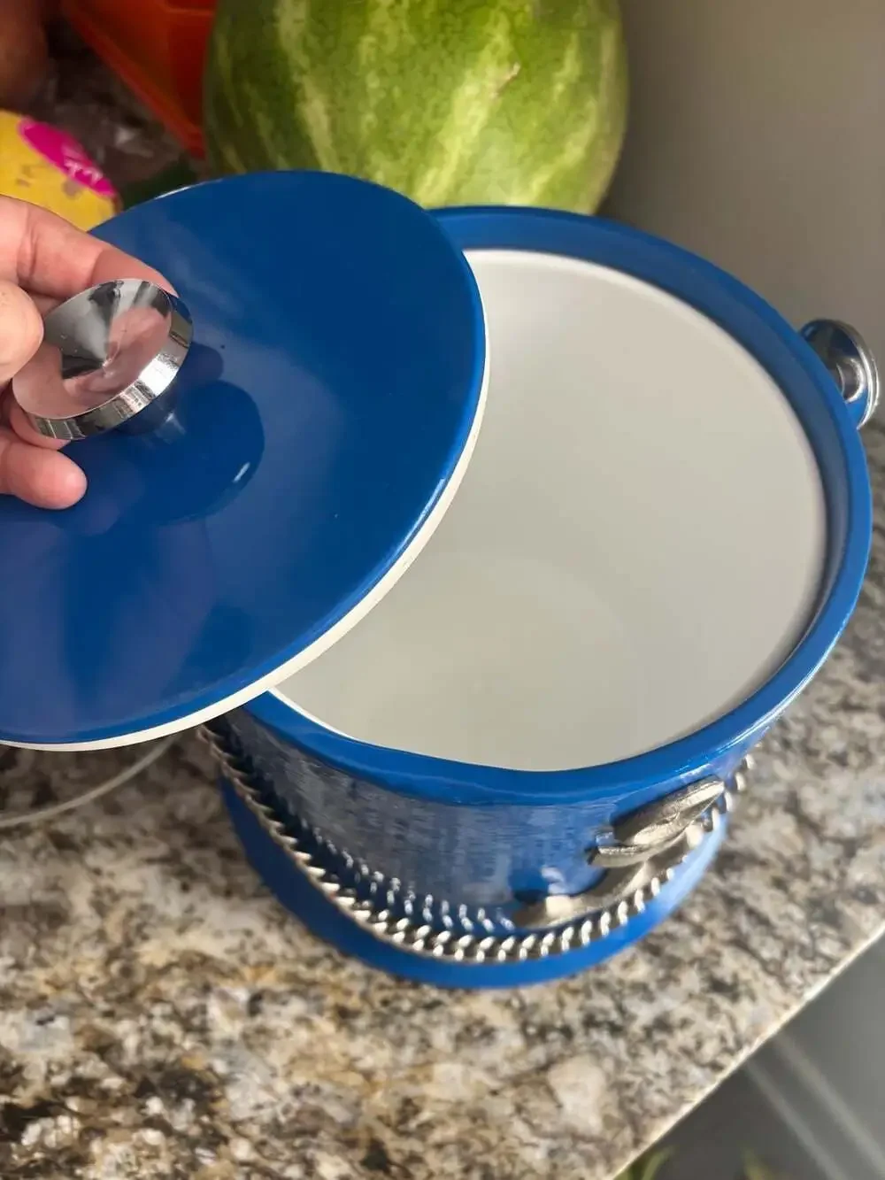 Kraftware Pastimes Royal Blue Ice Bucket with Anchor Motif and Chain 3 Quart